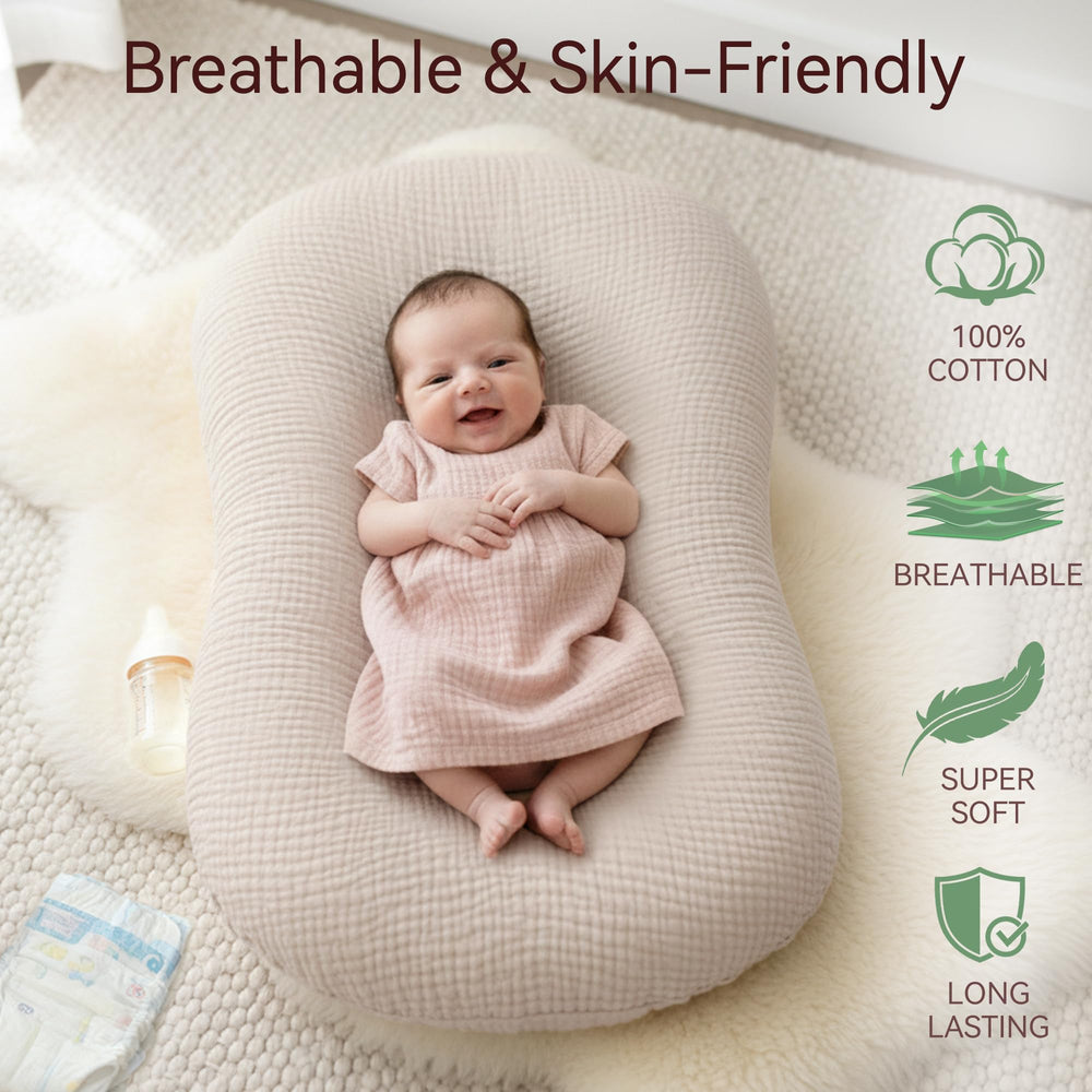 Pro Goleem muslin lounger cover texture feels gentle on newborn skin.