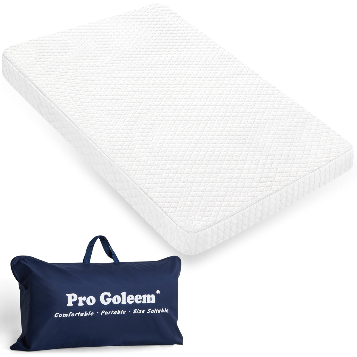 Pro Goleem Pack and Play Mattress fits 38x26 playards securely with rounded corners.
