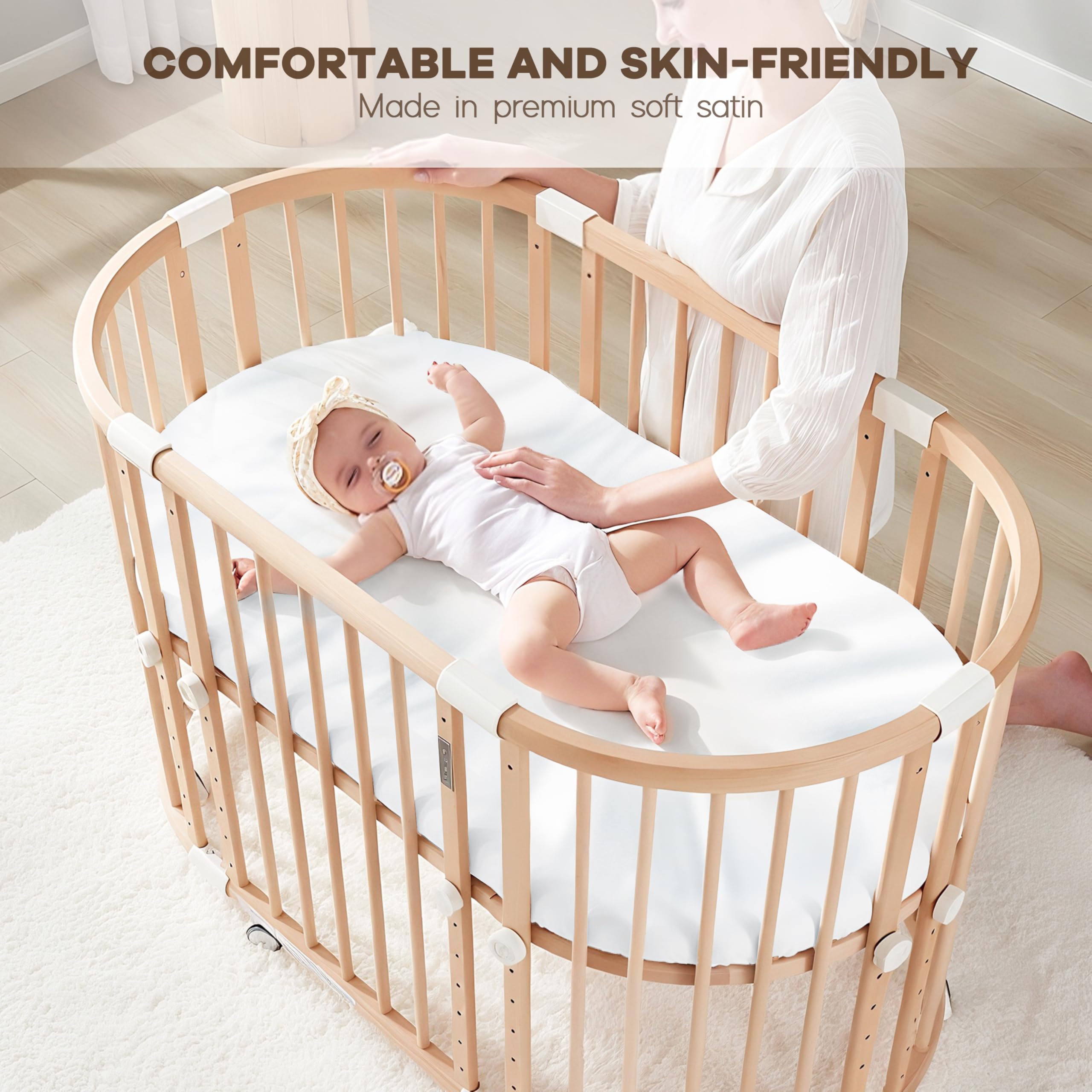 Machine-washable Pro Goleem satin bassinet sheet for easy, quick cleaning.