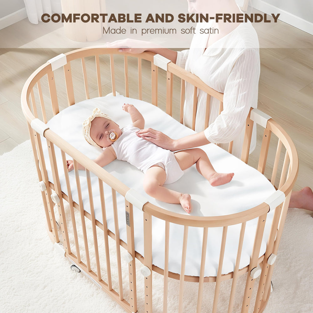 Machine-washable Pro Goleem satin bassinet sheet for easy, quick cleaning.