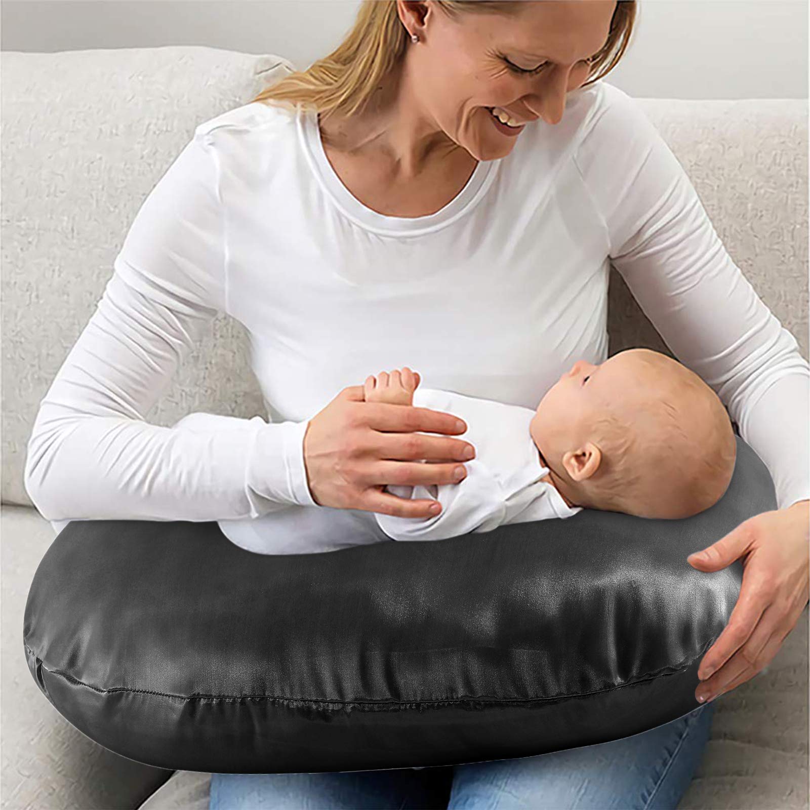 Pro Goleem satin nursing pillow cover in black promotes soft skin contact during feeds.
