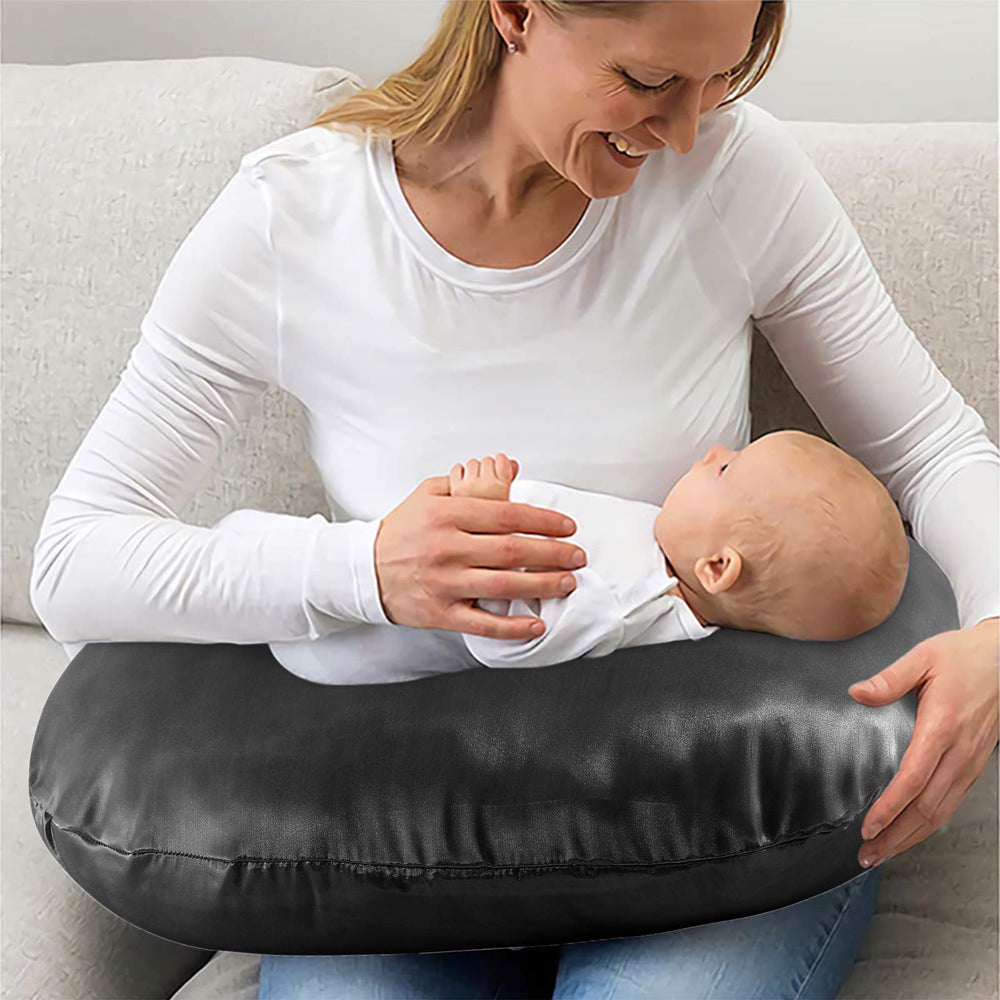 Pro Goleem satin nursing pillow cover in black promotes soft skin contact during feeds.
