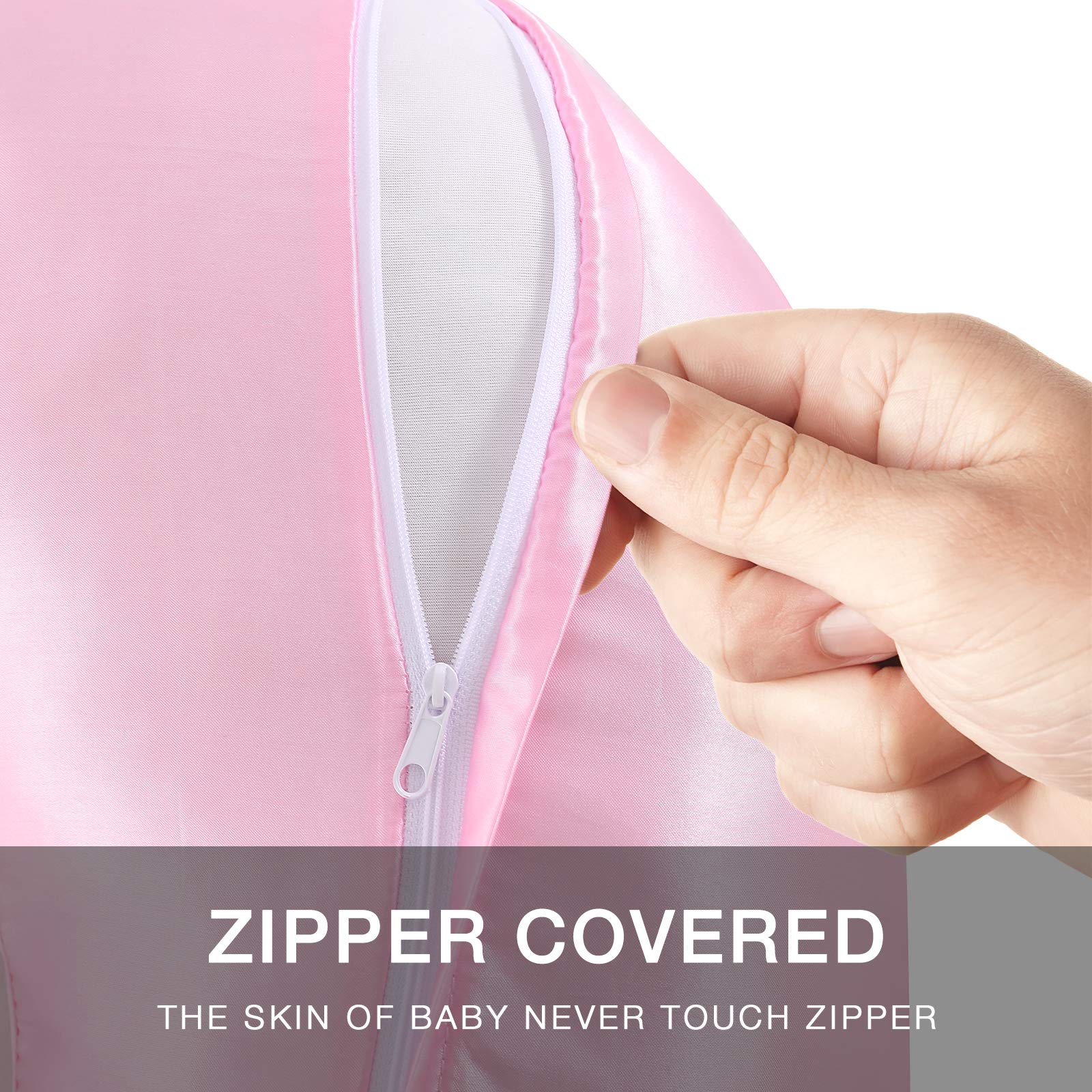 Pro Goleem satin nursing pillow cover in pink, durable zipper guard helps avoid skin contact.