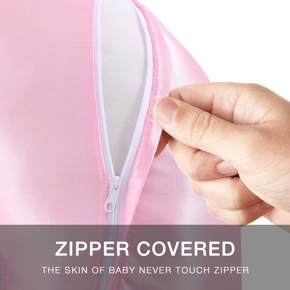 Pro Goleem satin nursing pillow cover in pink, durable zipper guard helps avoid skin contact.