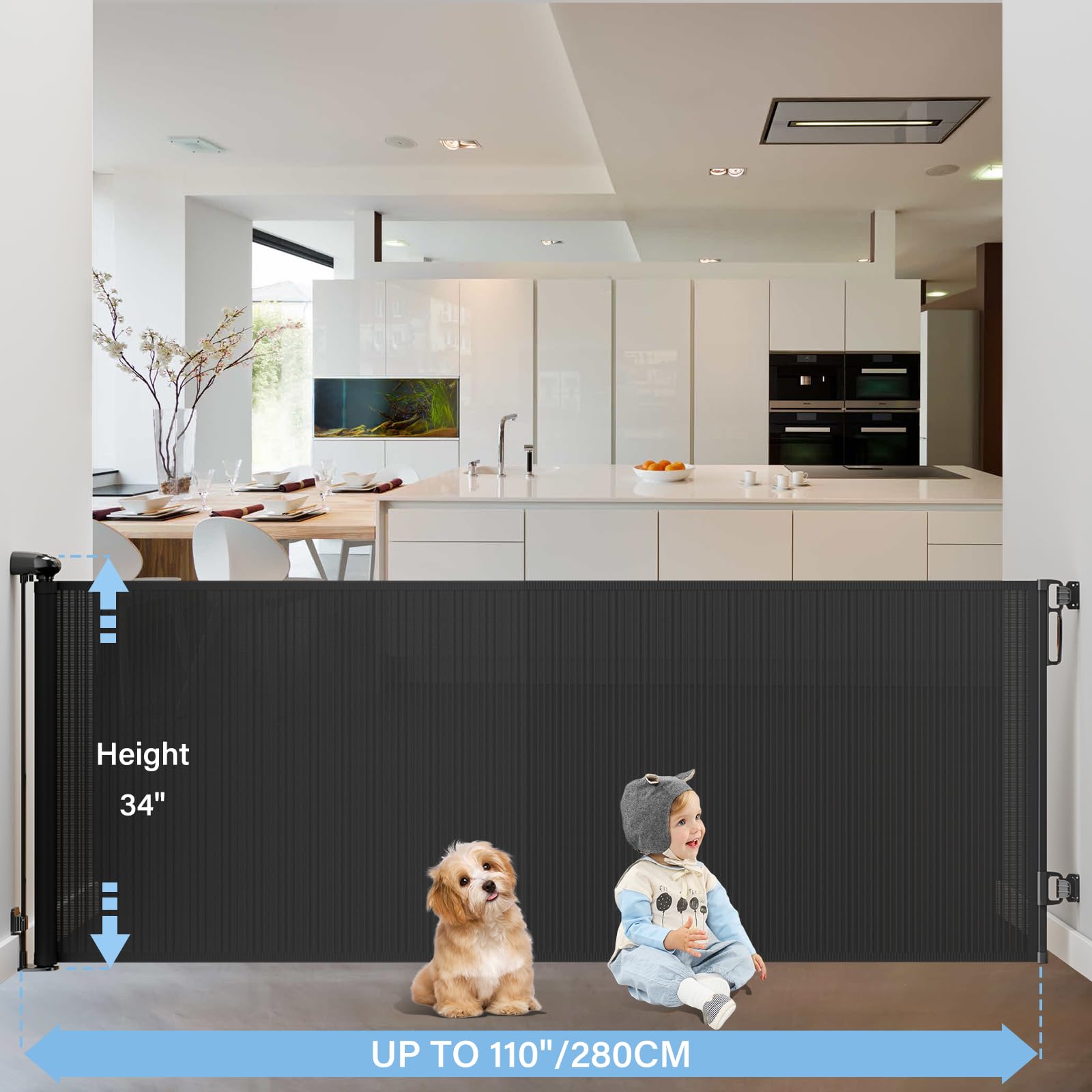 PRObebi gate shields a doorway, keeping baby and dog safe in hallways.