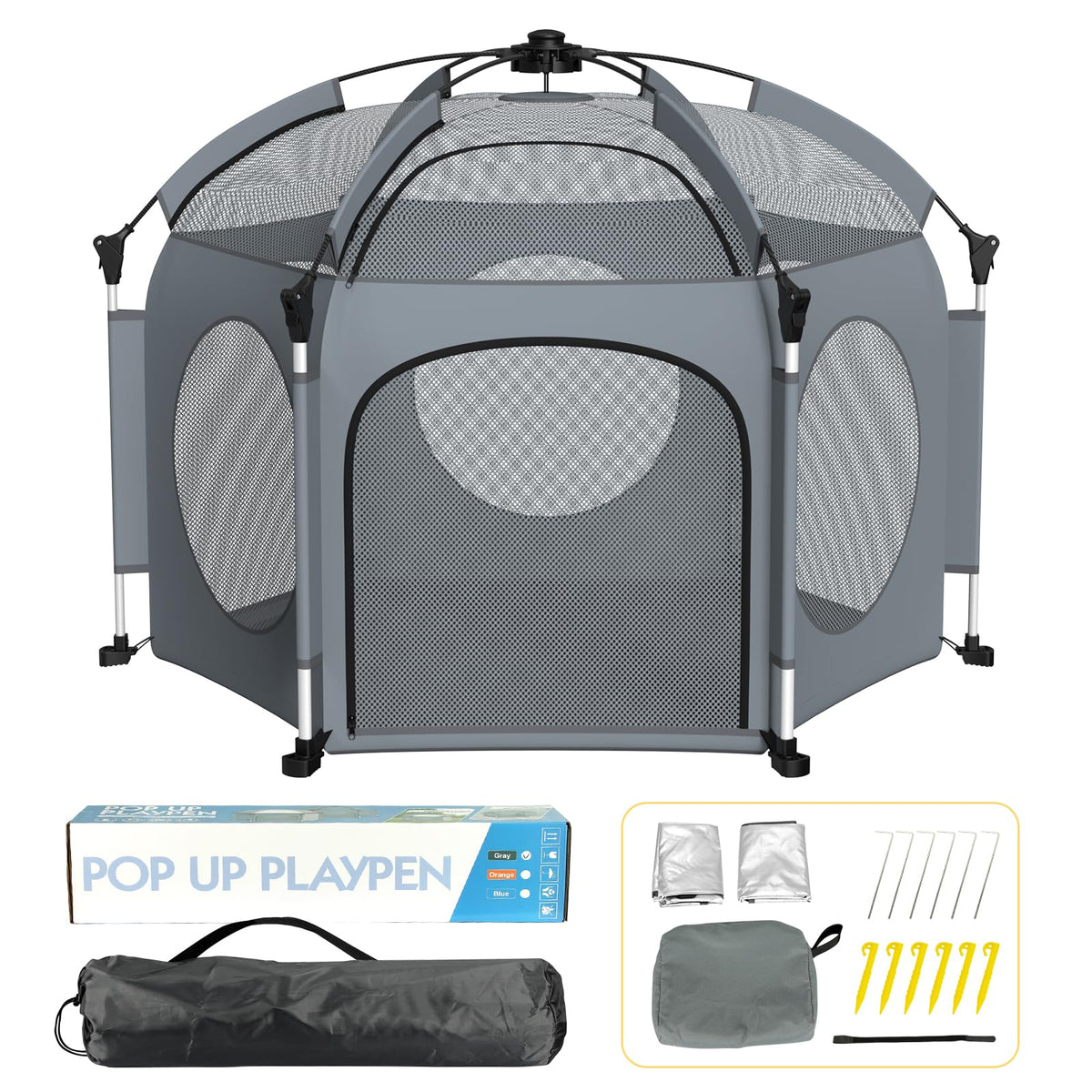 PRObebi pop up playpen in gray setup for easy indoor playtime