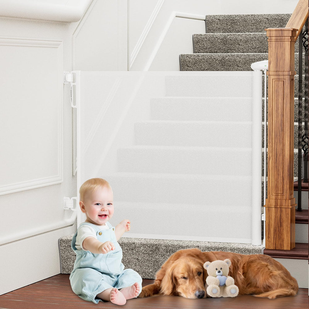 PRObebi retractable baby gate extended to 54 inches for wide doorways