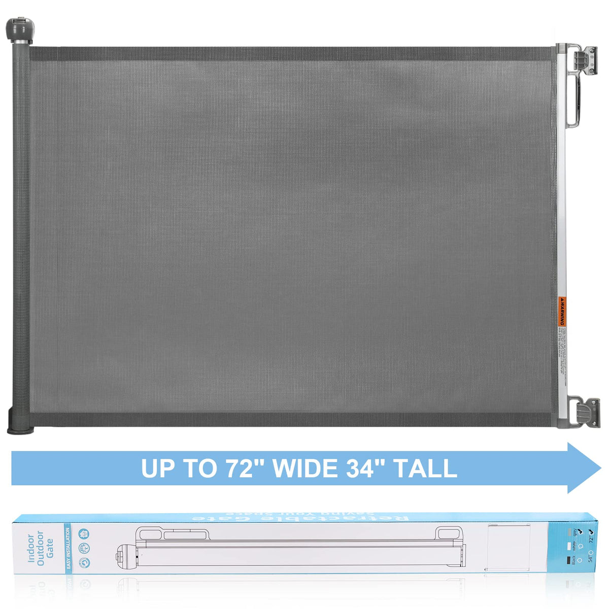 PRObebi retractable dog gate at 34 inches tall and 72 inches wide across a doorway
