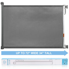 PRObebi retractable dog gate at 34 inches tall and 72 inches wide across a doorway