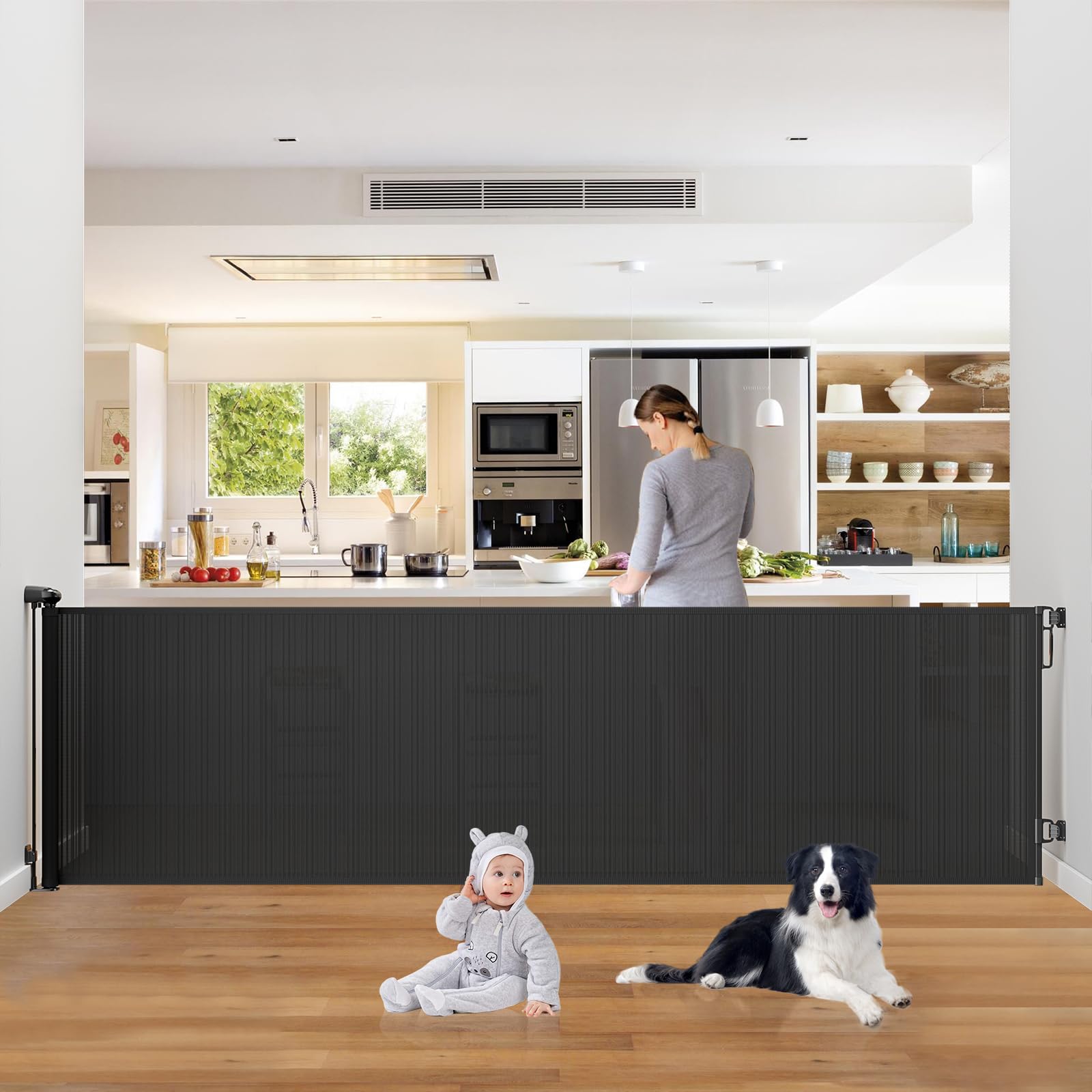 PRObebi retractable gate extended to 110 inches for wide doorways and stairs.