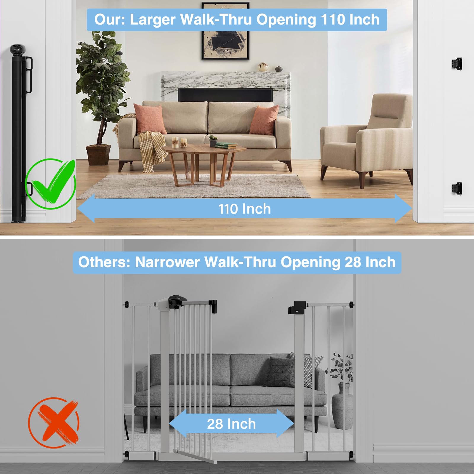 PRObebi retractable gate stands 34 inches tall for safe containment of child and pet.