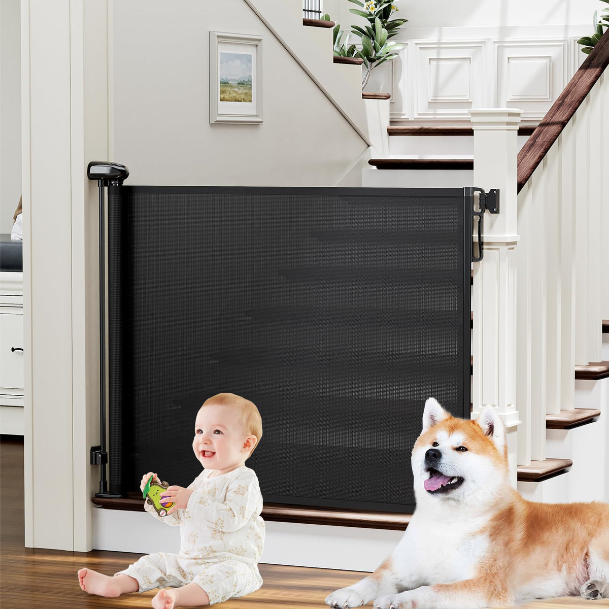 PRObebi retractable gate assembly with adjustable baseboard bracket for versatile installation.