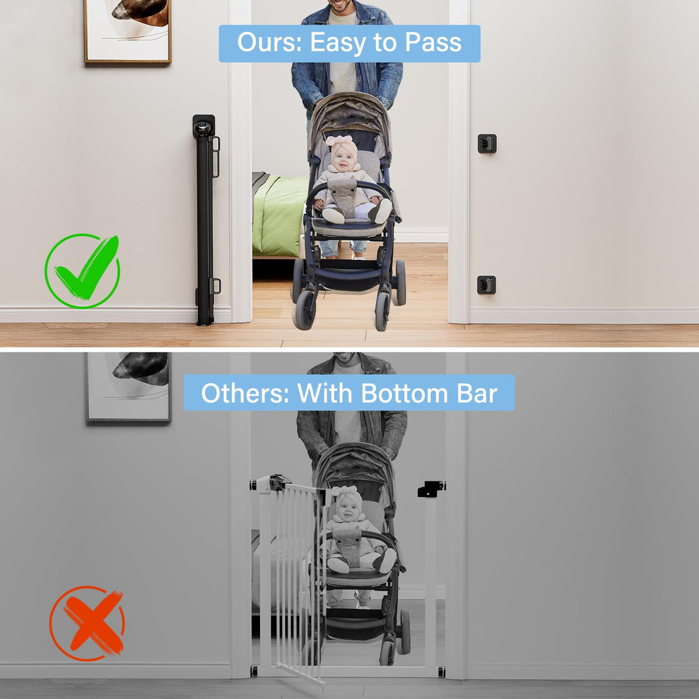 PRObebi retractable gate installed indoors, extends to 54 inches for versatile protection