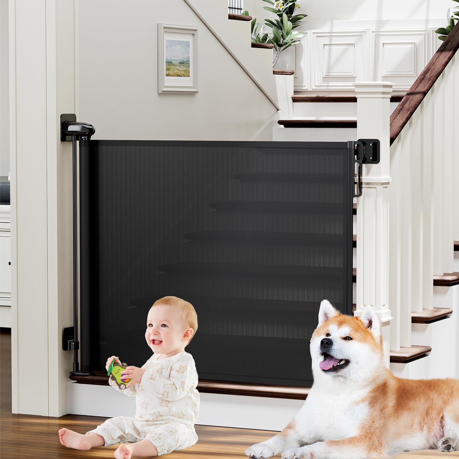 PRObebi retractable gate on stairs, 54in wide, 34in tall, family-friendly barrier
