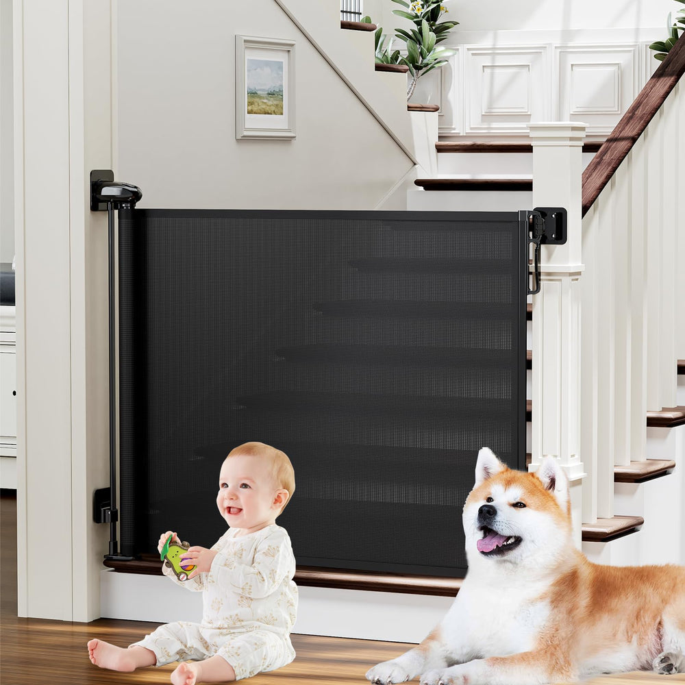 PRObebi retractable gate on stairs, 54in wide, 34in tall, family-friendly barrier