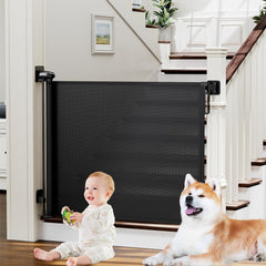 PRObebi retractable gate on stairs, 54in wide, 34in tall, family-friendly barrier