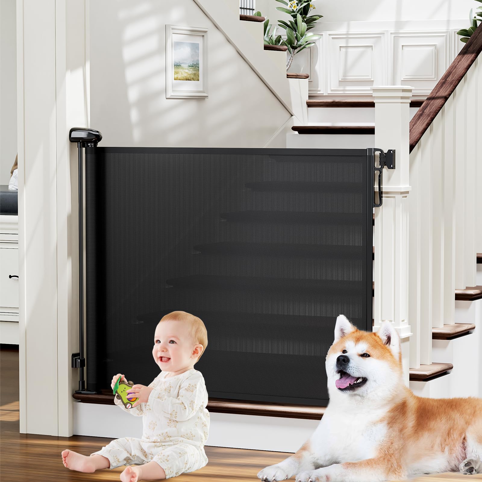probebi retractable gate on stairs extended to 54 inches for wider access control.