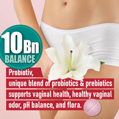 Probiotiv 10-billion CFU probiotic bottle promotes vaginal health on the go.