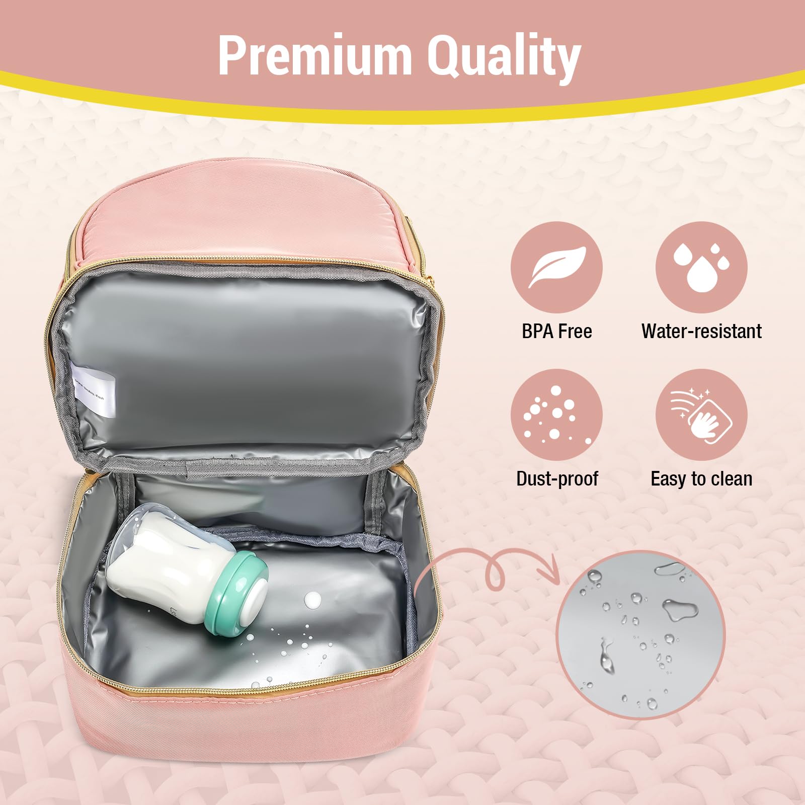 ProCase breast pump bag insulation lining preserves bottle temperature during outings.