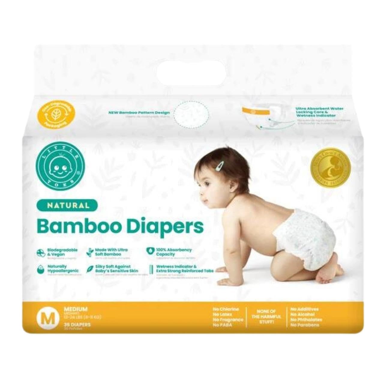 Products On The Go Little Toes diaper highlights absorbent core for quick moisture management.