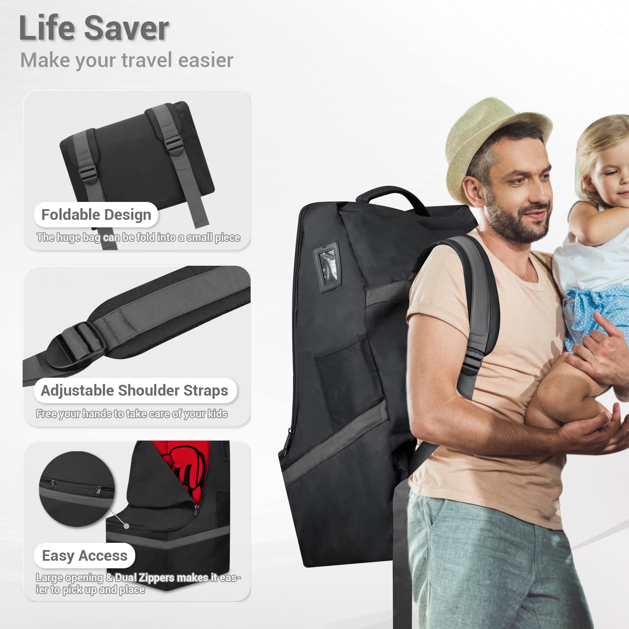 ProFaster car seat travel bag with padded backpack straps for hands-free travel