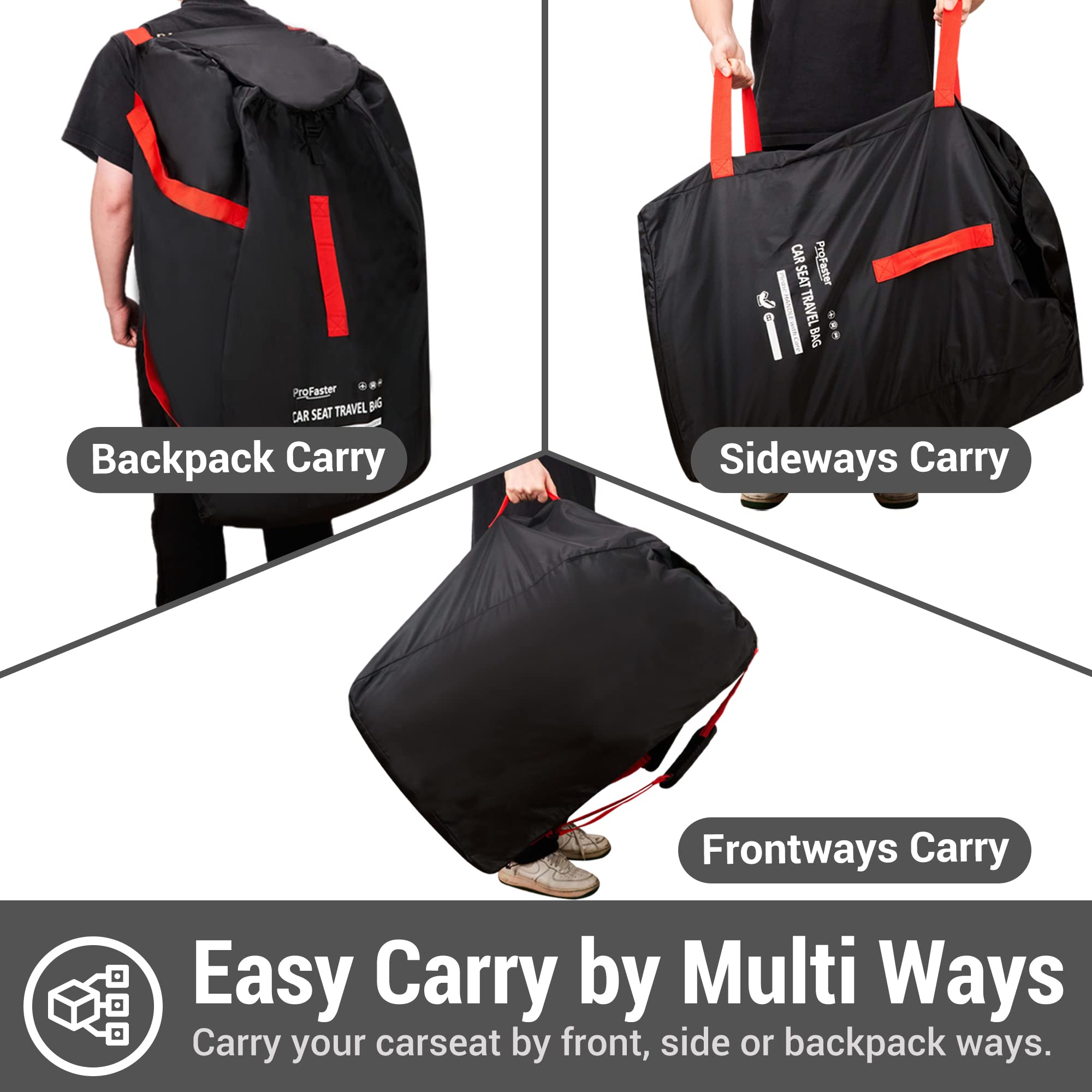 ProFaster padded backpack straps enable comfortable hands-free airport carrying.