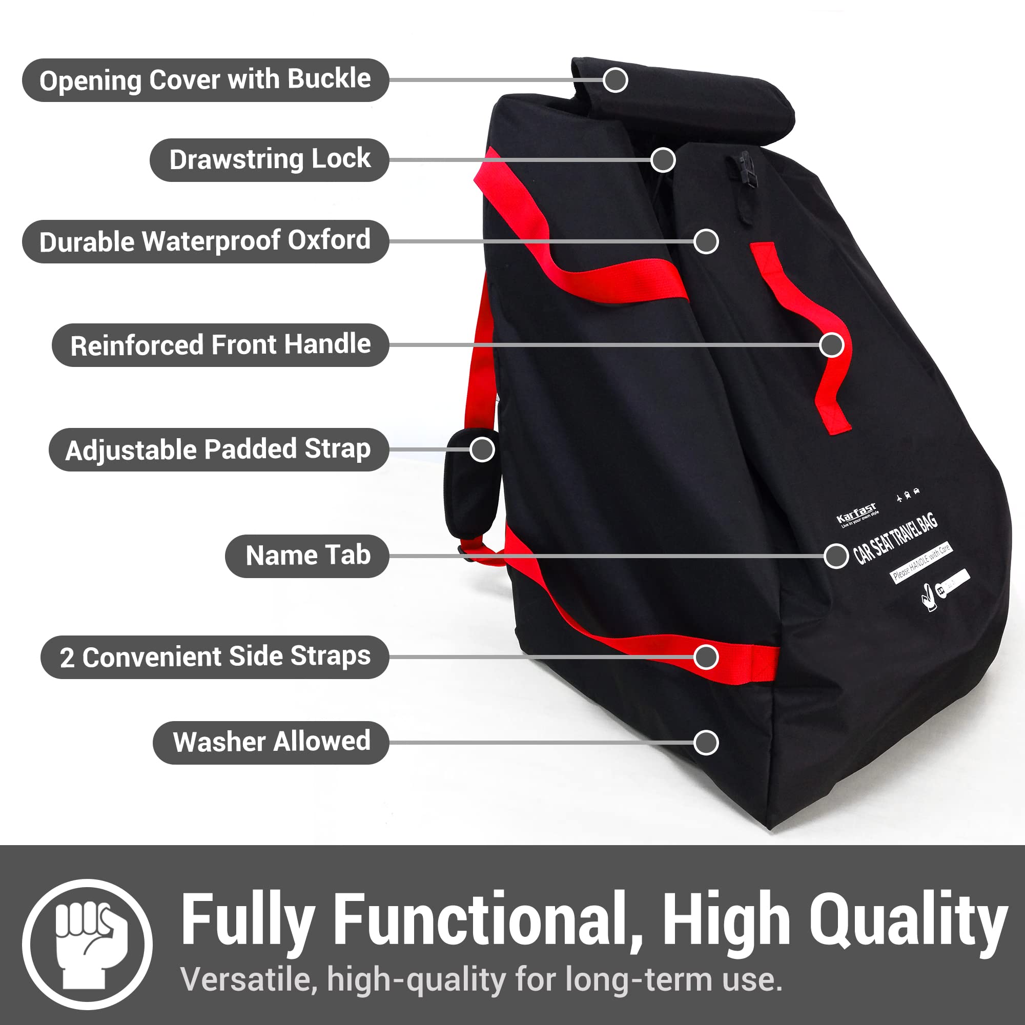 ProFaster water-resistant Oxford fabric protects car seats during transit.
