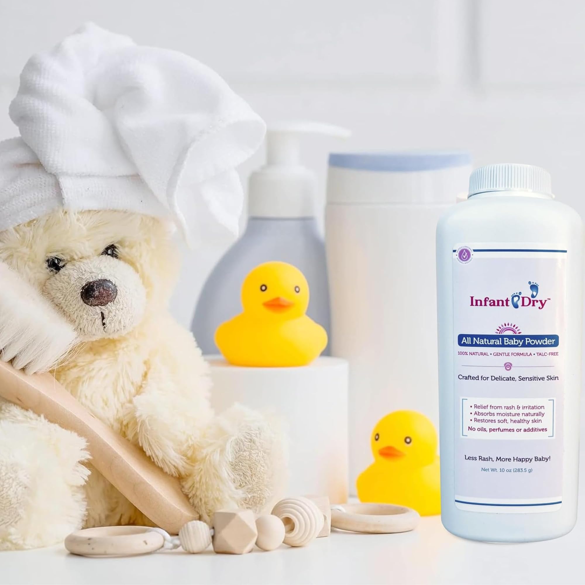 Infant Dry powder in use for easy, gentle application on baby skin.