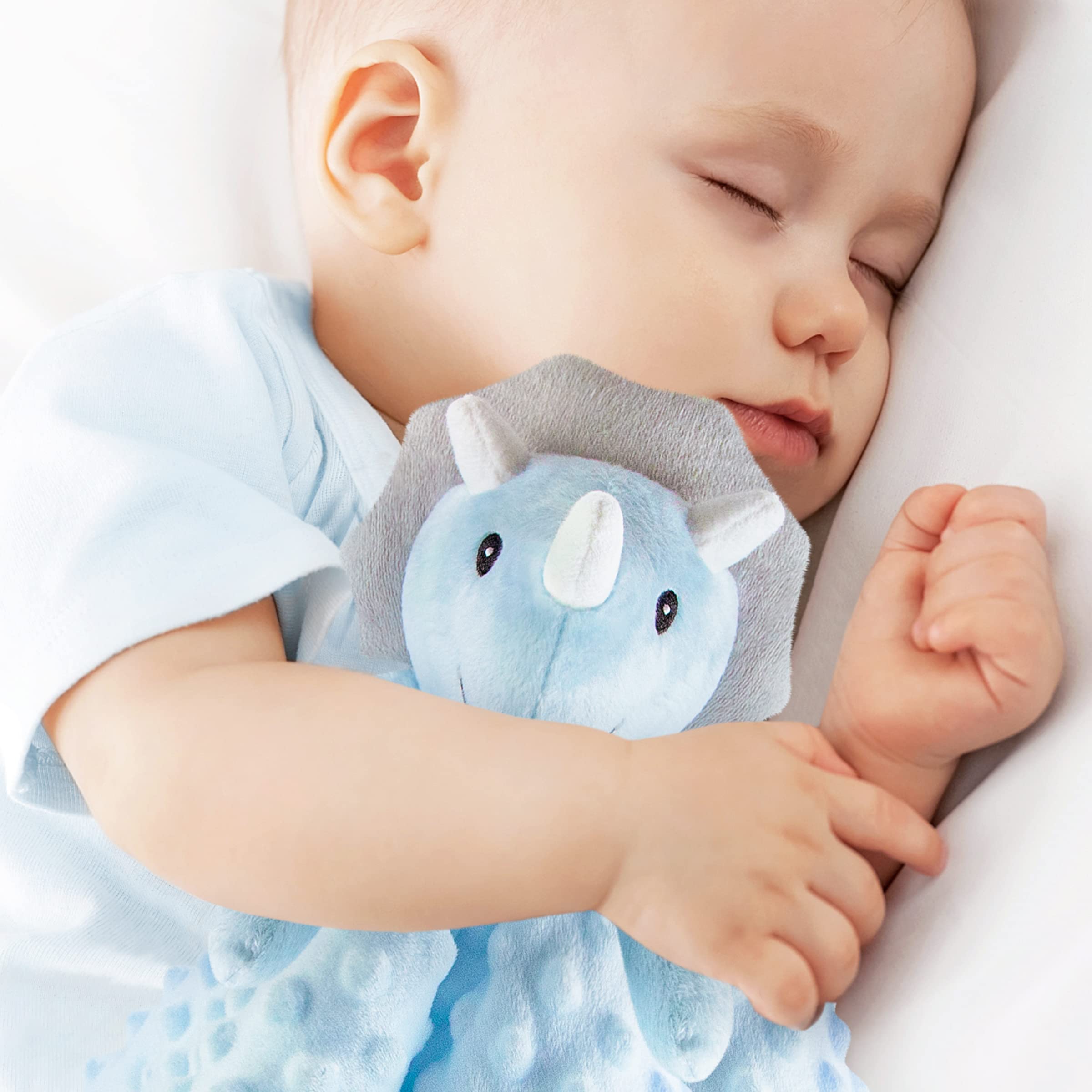 Pro Goleem Loveys triceratops close-up highlights OEKO-TEX fabric safety for infants.