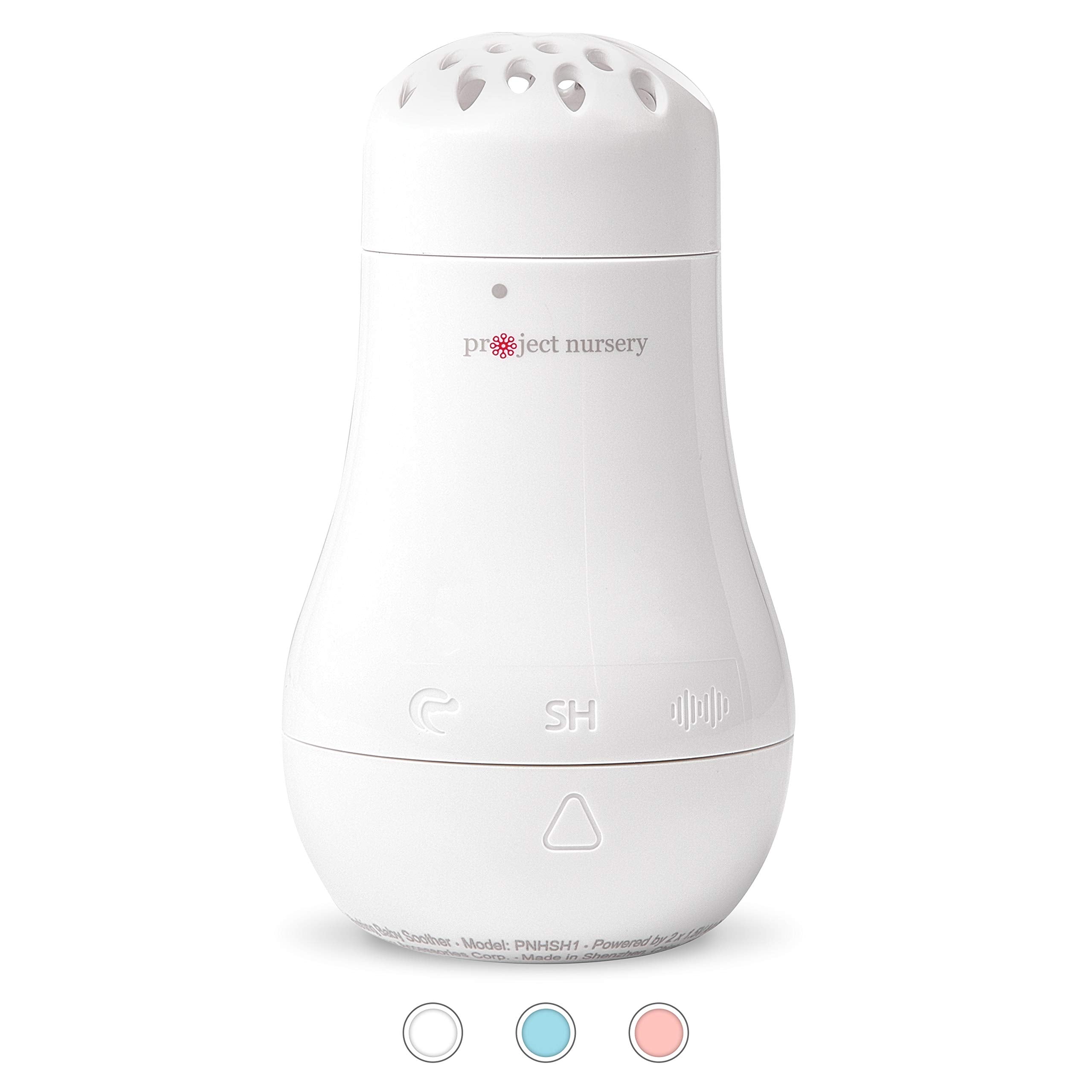 Project Nursery baby sound machine in white with a compact design for easy nursery setup.