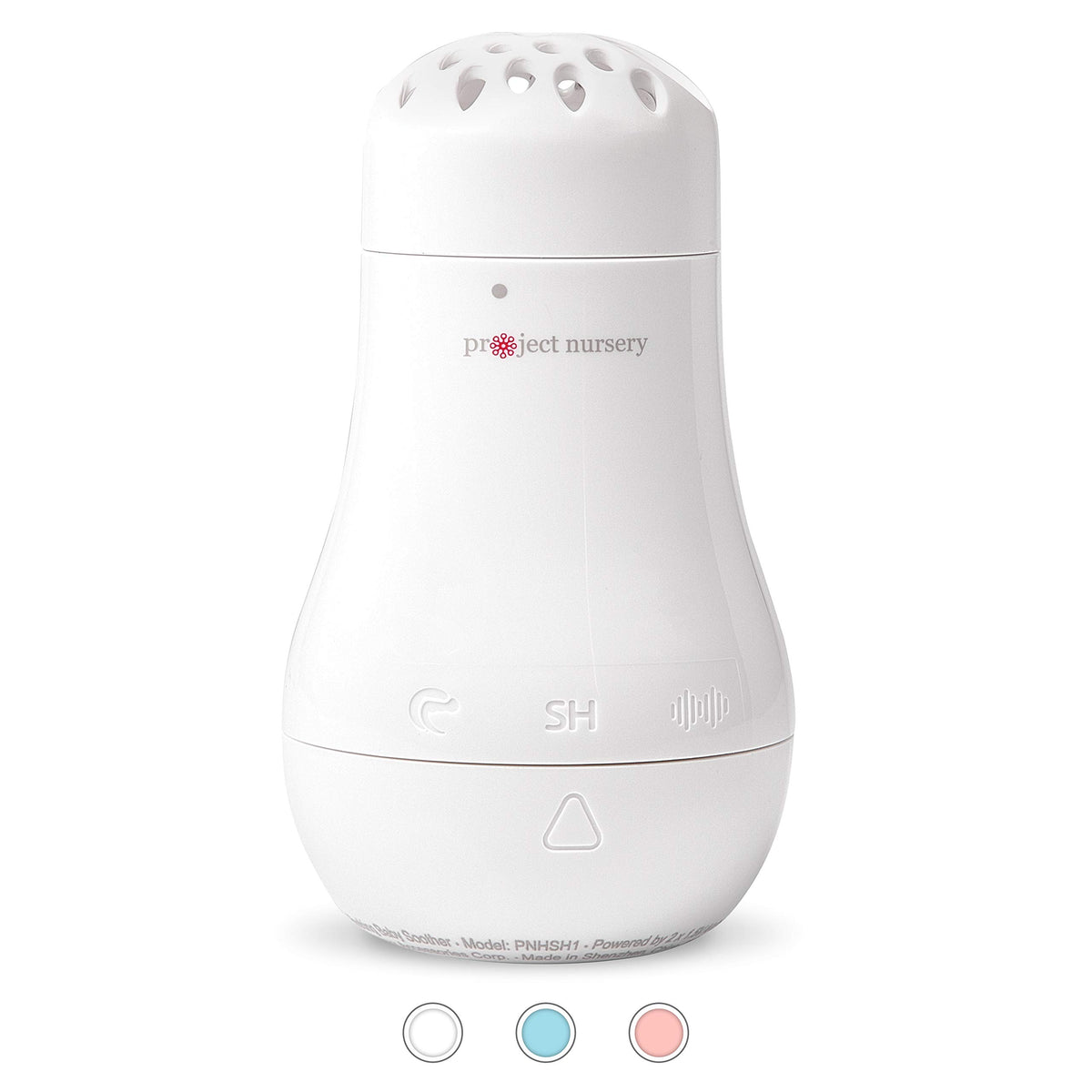 Project Nursery baby sound machine in white with a compact design for easy nursery setup.