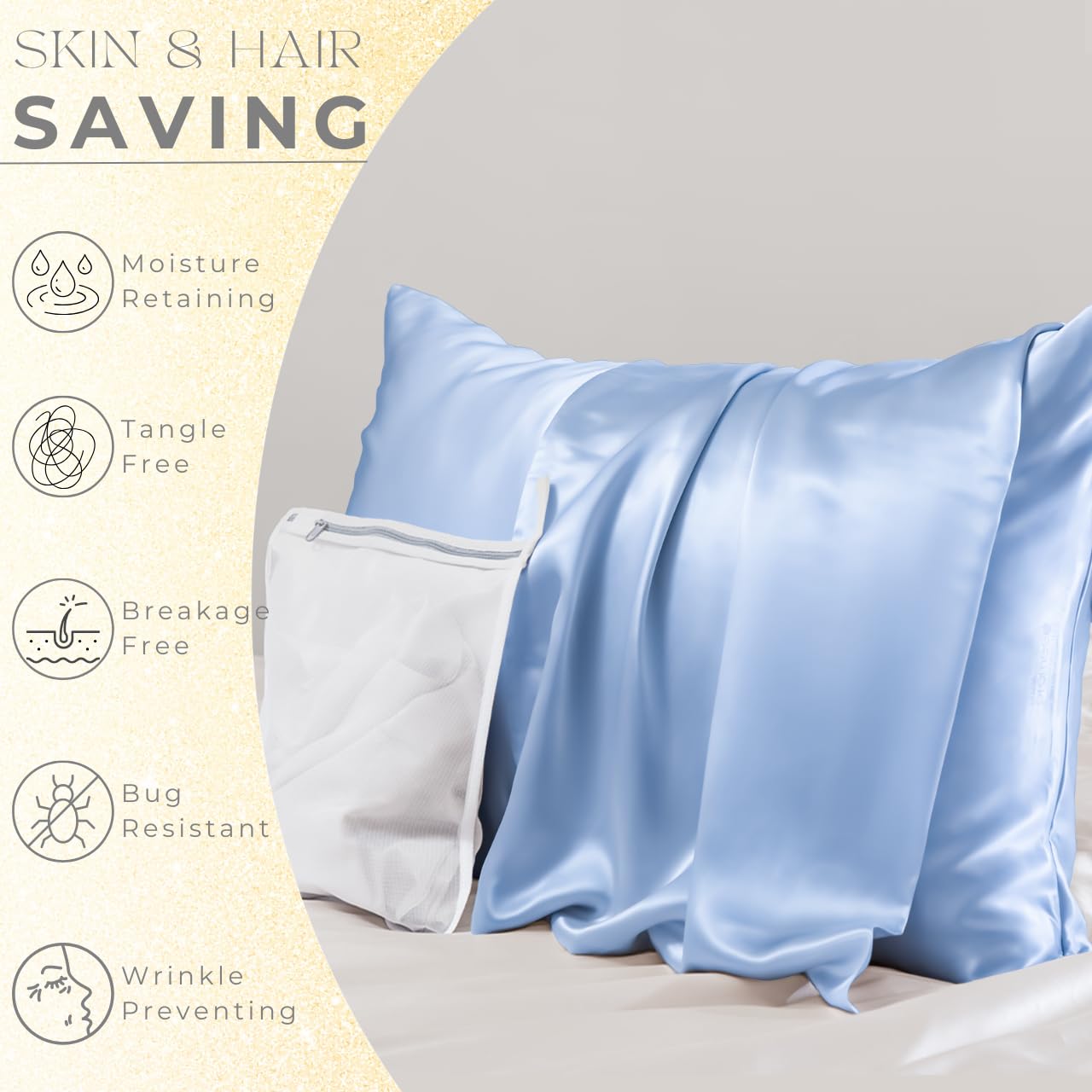 Promeed light blue satin-like silk pillowcase close-up.