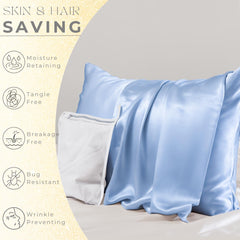 Promeed light blue satin-like silk pillowcase close-up.