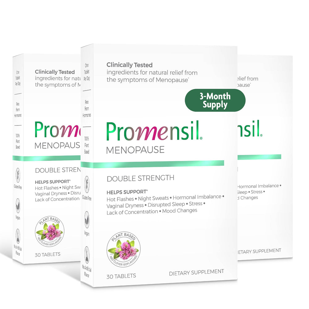 Promensil menopause bottle front for daily support with menopause symptoms.