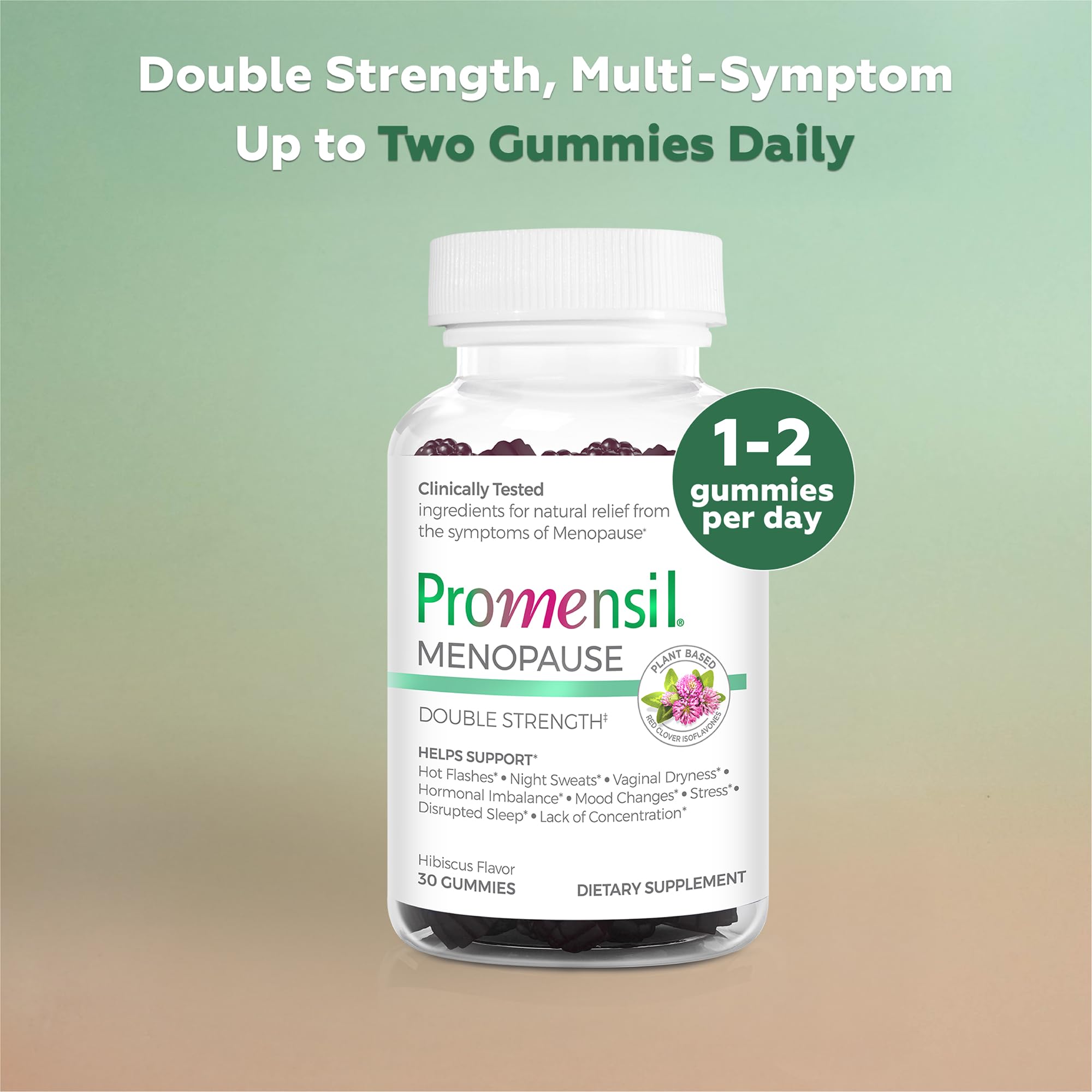 Promensil Red Clover Gummies label close-up showing vegan formula and hormone support.