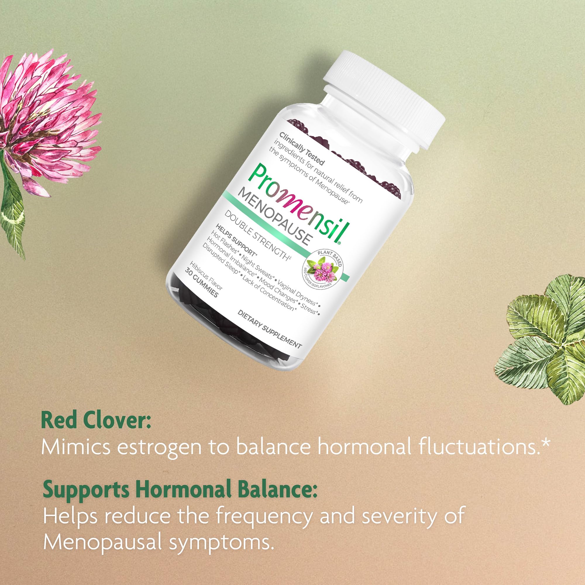 Promensil Red Clover Gummies packaging box shown with compact, user-friendly design.