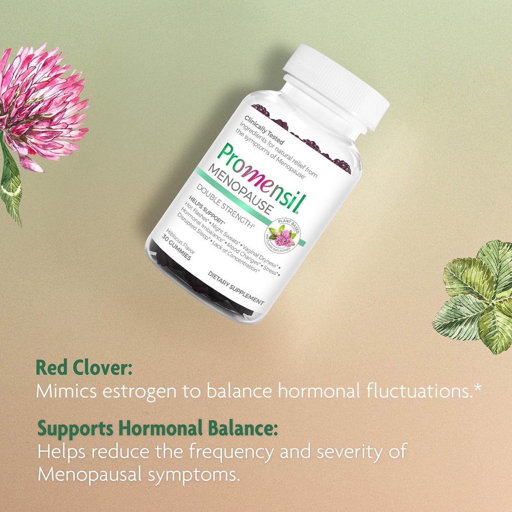 Promensil Red Clover Gummies packaging box shown with compact, user-friendly design.