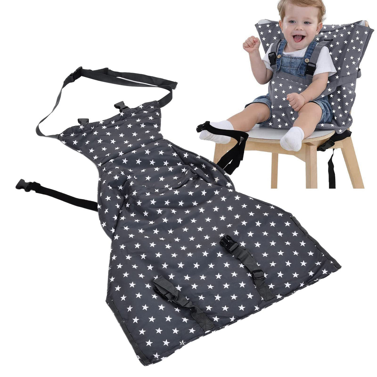 Pssopp baby chair feeding belt with grey stars offers secure seating at restaurants.