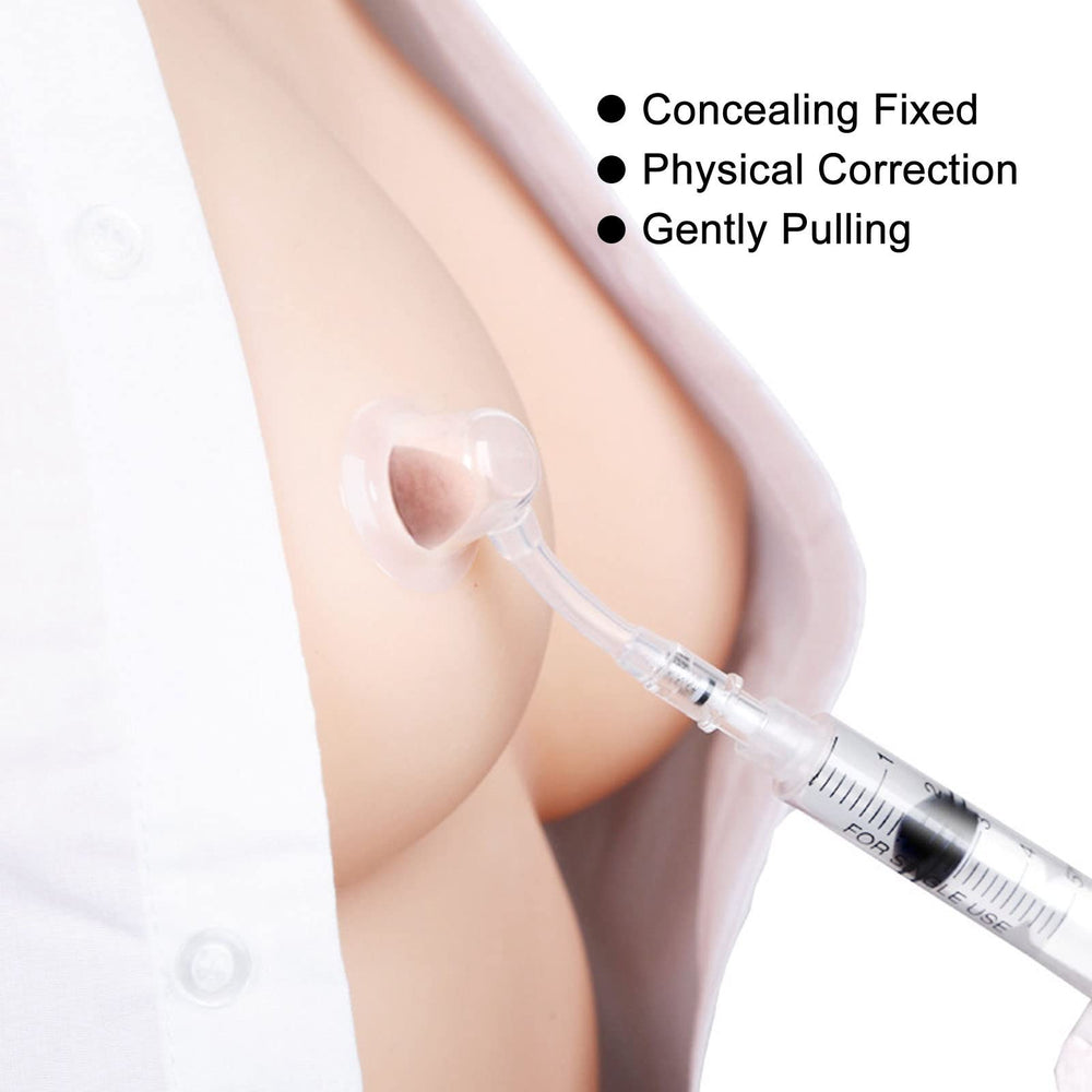 Pssopp nipple aspirator in use demonstrates non-surgical approach to nipple shaping.