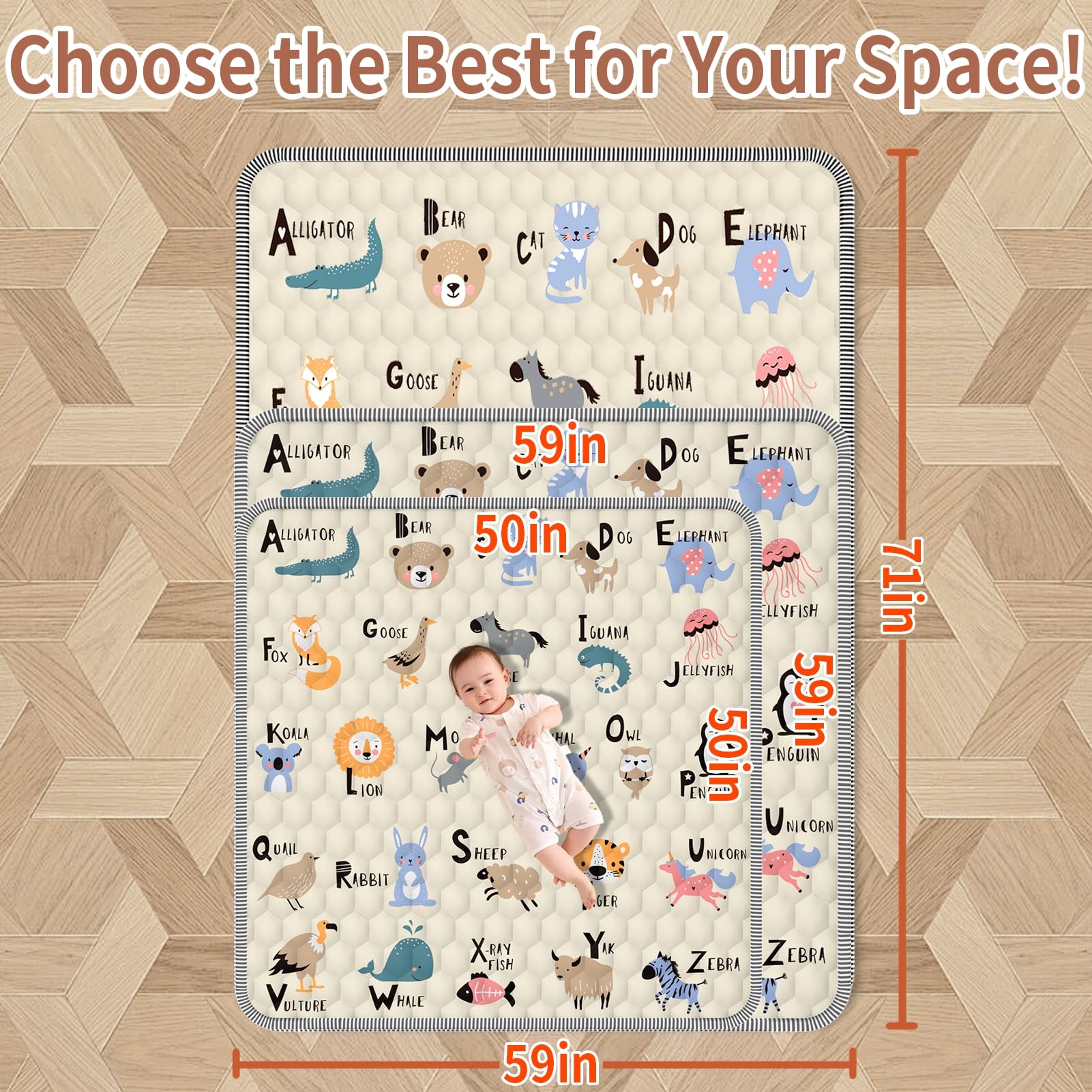 Ptcide Baby Play Mat features letters and animals for visual learning during play.