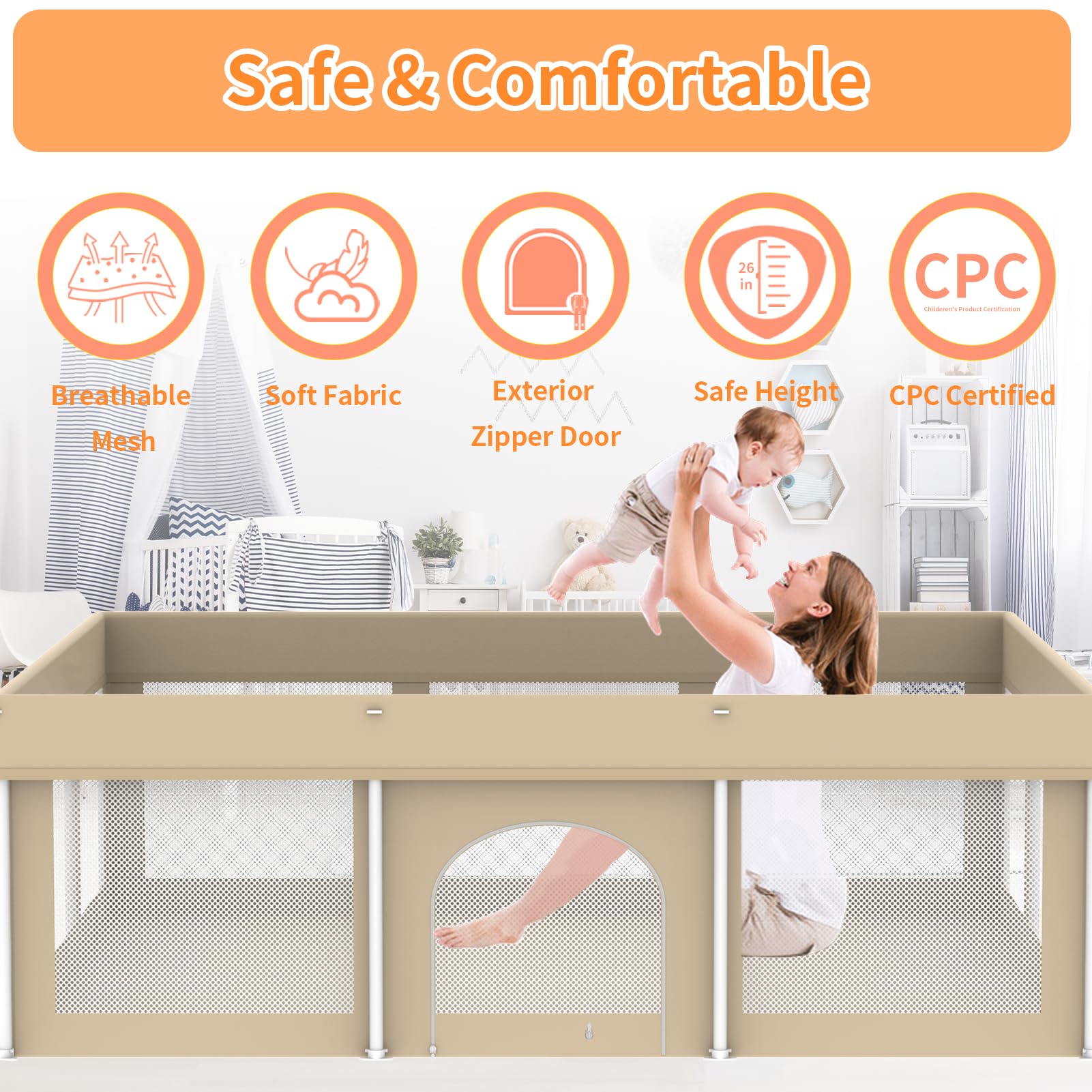 Ptcide beige playpen complements home décor.