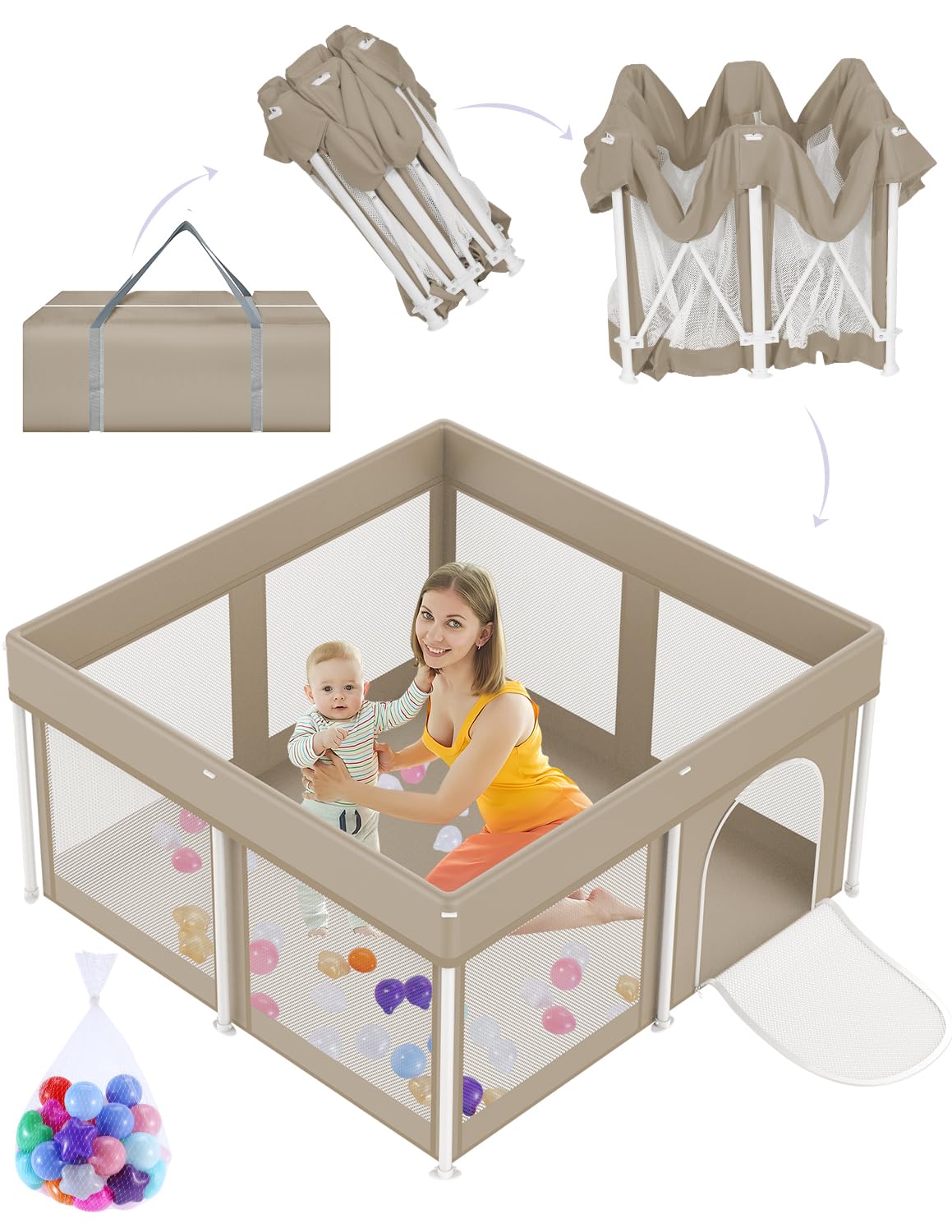 Ptcide foldable playpen open beige enclosure for safe indoor play