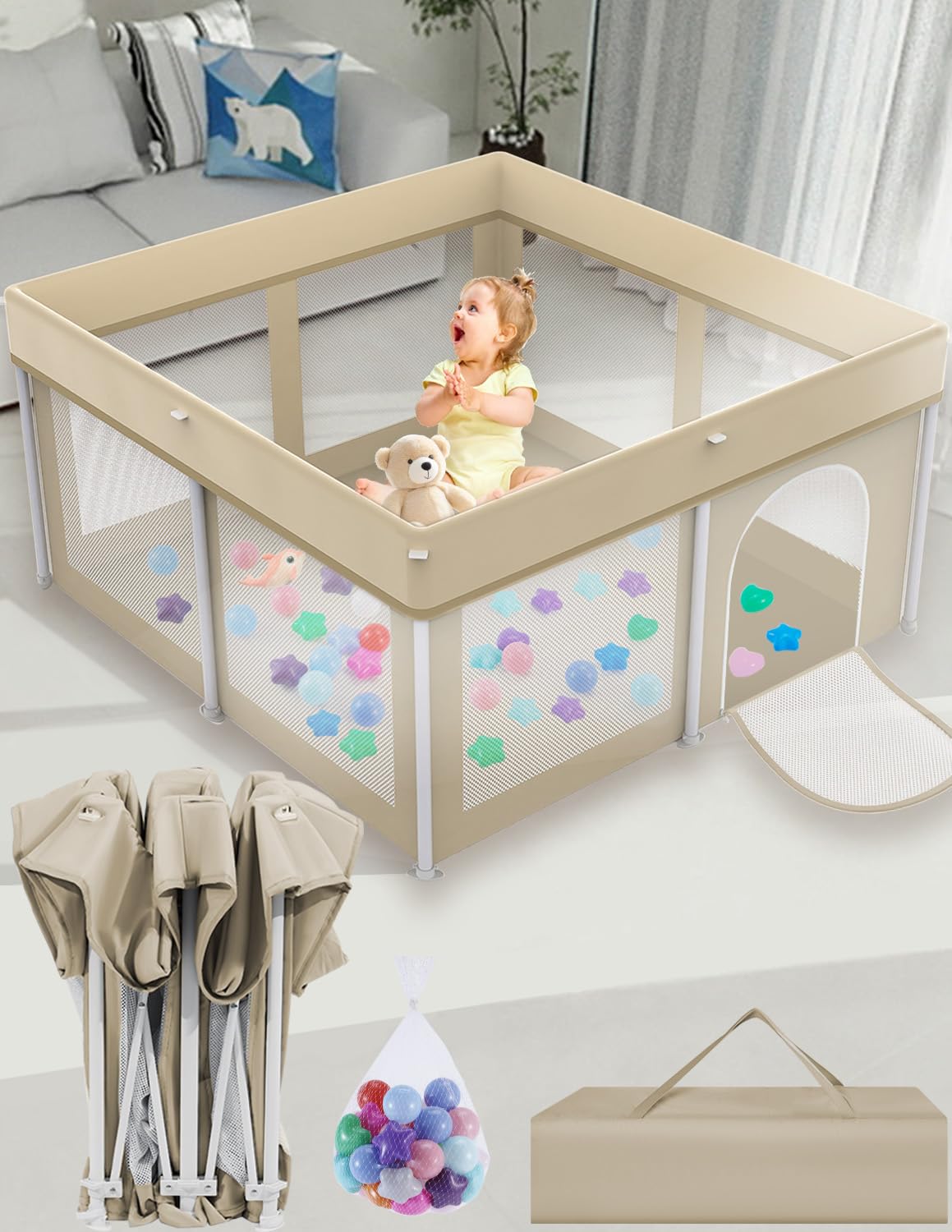 Ptcide foldable playpen 50x50 demonstrates instant three-second setup for busy parents