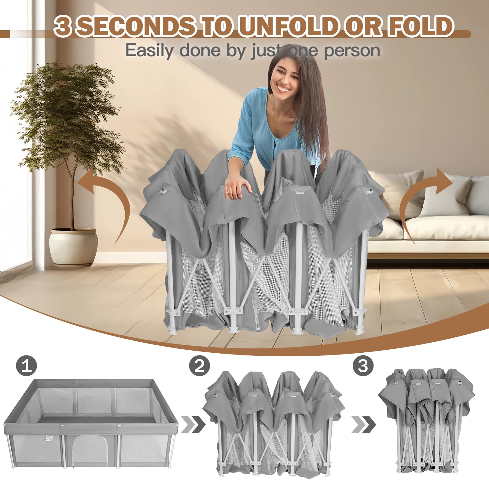 PTCIDE foldable playpen folding closeup highlighting quick collapse.