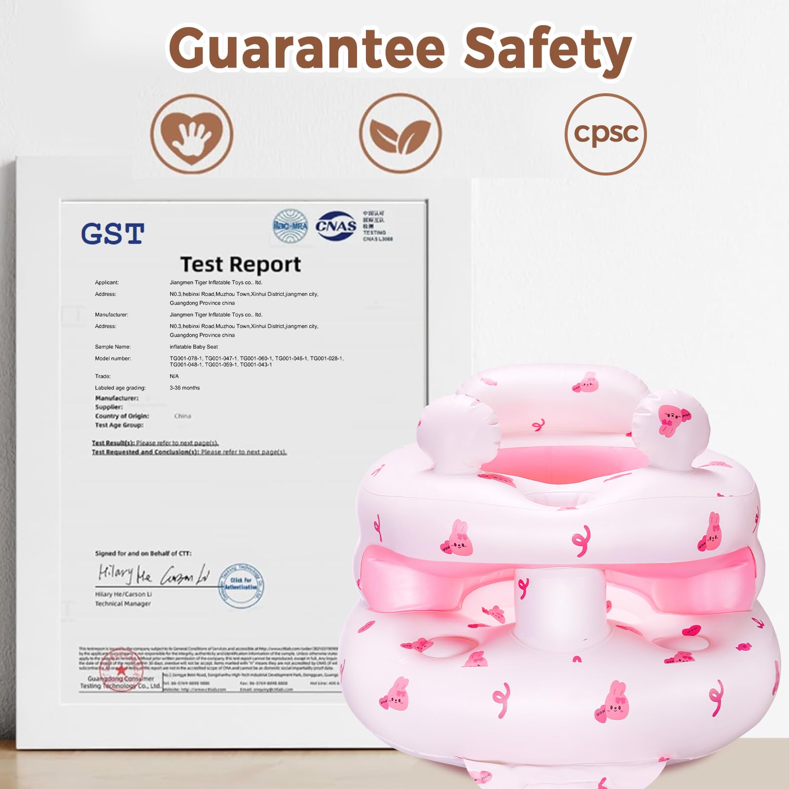 PTLRUZK inflatable baby seat pink bunny built-in pump inflates quickly for fast setup