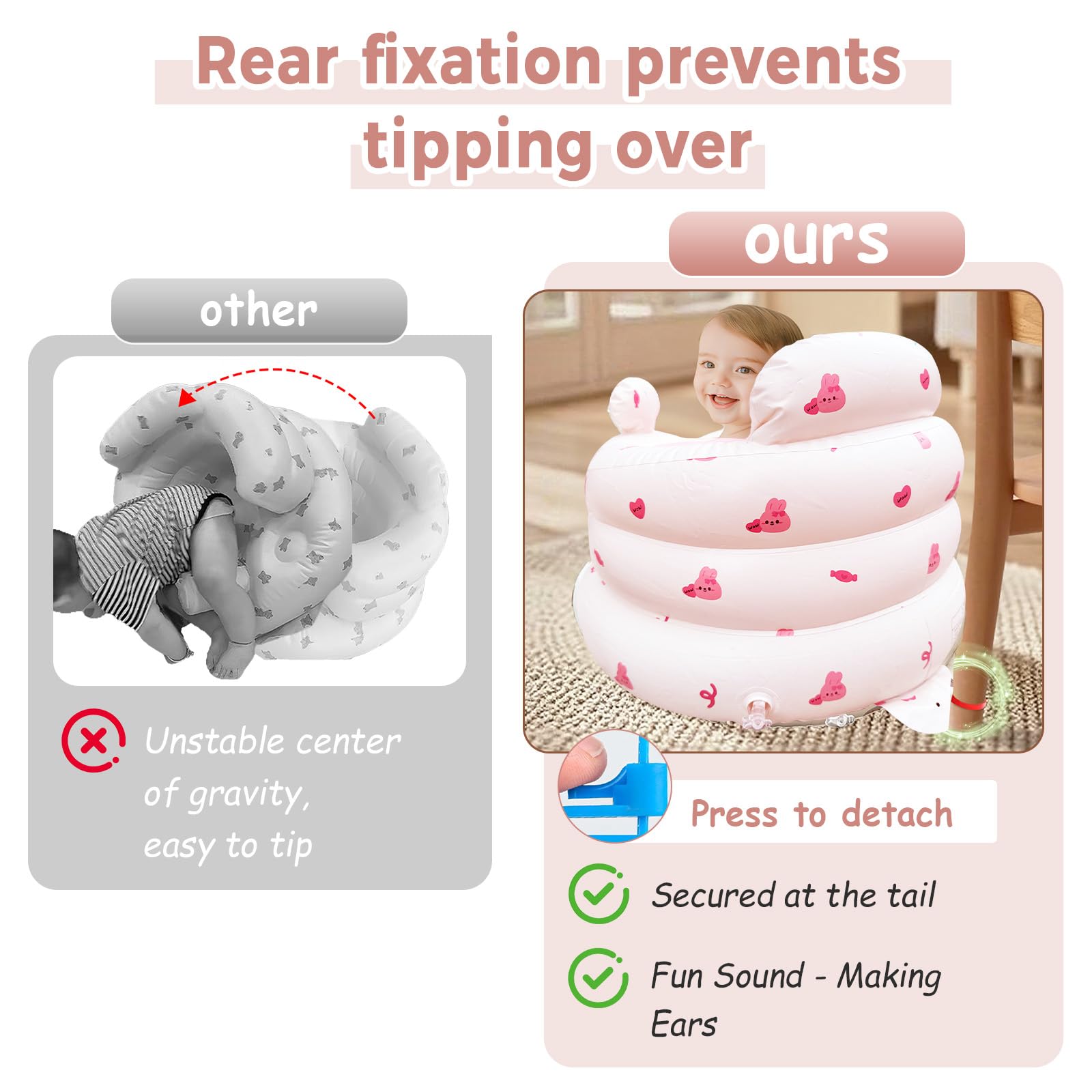 PTLRUZK inflatable baby seat pink bunny with toy hanging on ears for easy storage