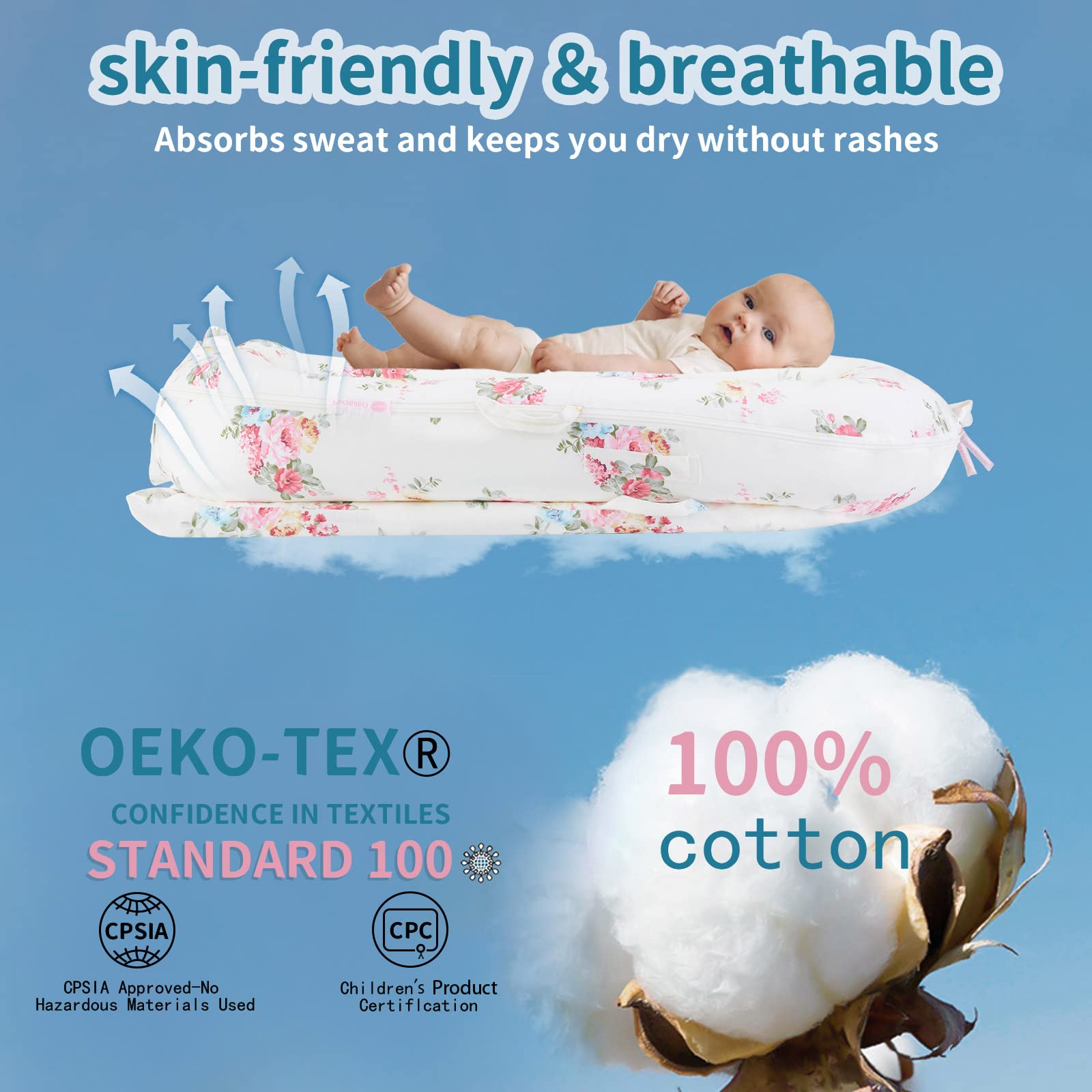 Pucmaoci baby lounger cover close-up shows soft cotton texture and breathable weave.