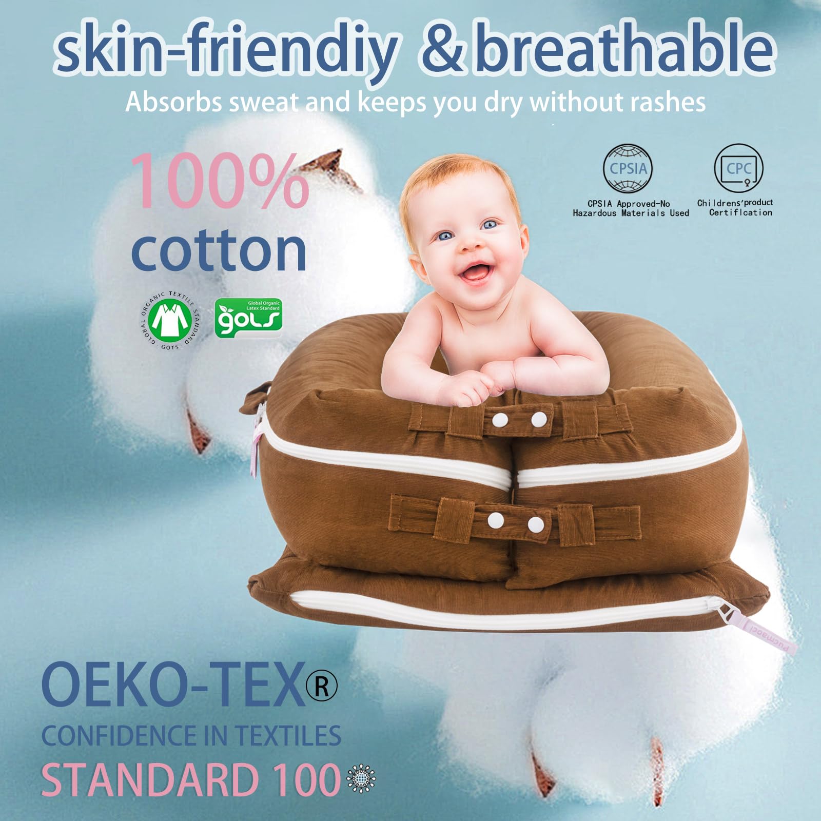 Pucmaoci corduroy cover texture close-up highlighting soft breathable fabric for newborn comfort.