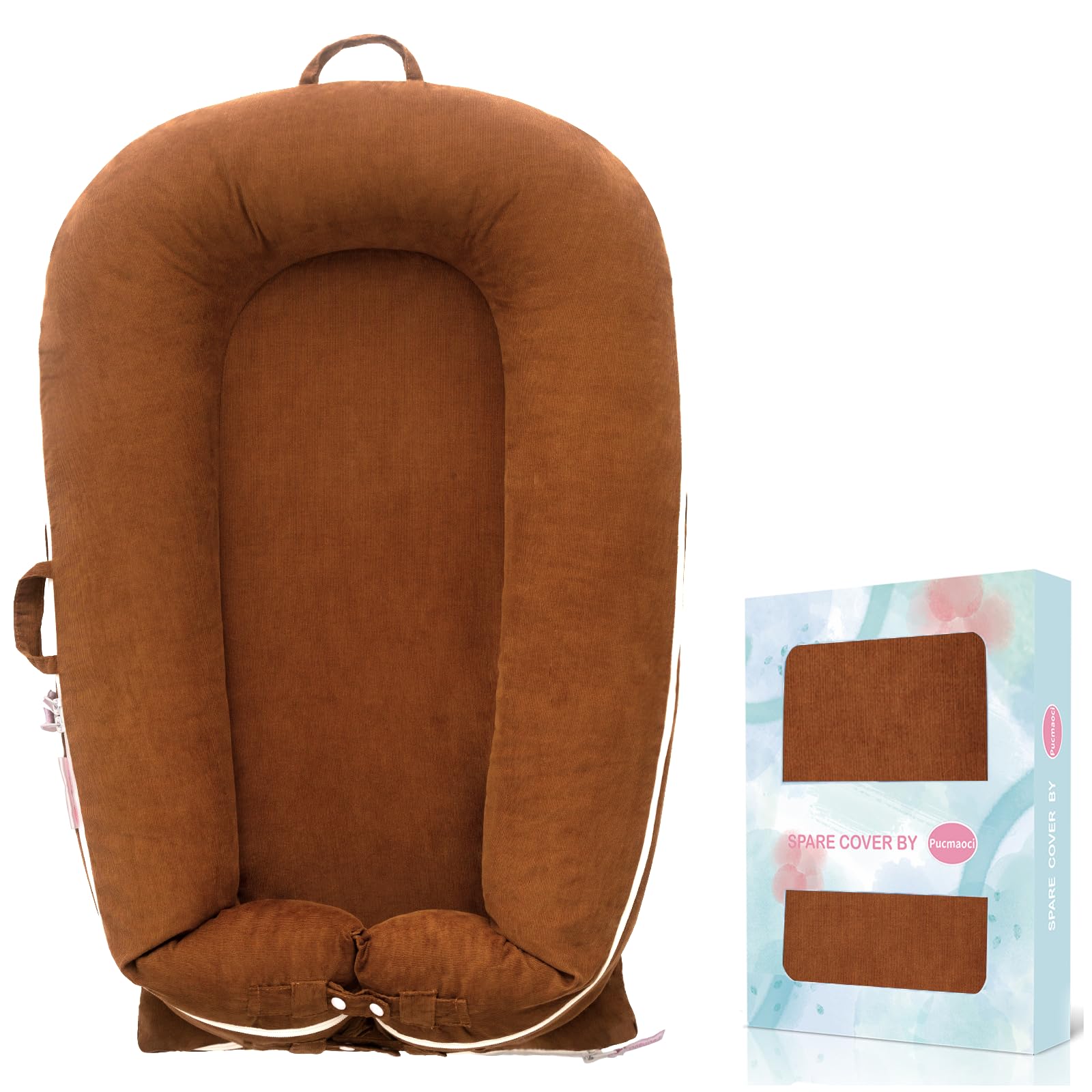 Pucmaoci corduroy baby lounger cover brown, front view for cozy, skin-friendly protection.