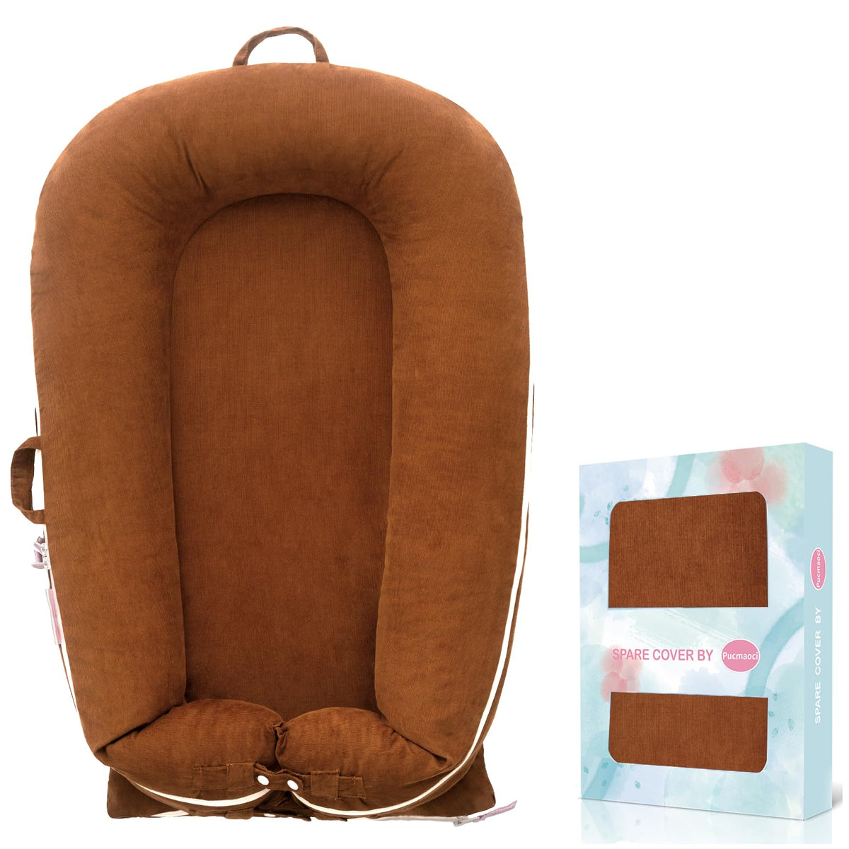 Pucmaoci corduroy baby lounger cover brown, front view for cozy, skin-friendly protection.